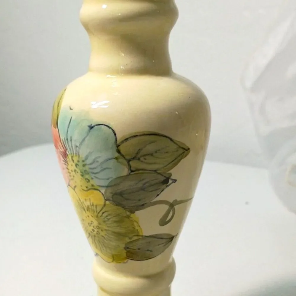 Vintage Hand Painted Floral Ceramic Taper Candle Holders Set Pair Yellow Roses